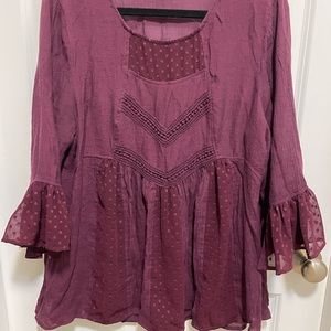 Indigo soul blouse, purple, berry, boho, crochet, XL, hippy, 3/4 sleeve